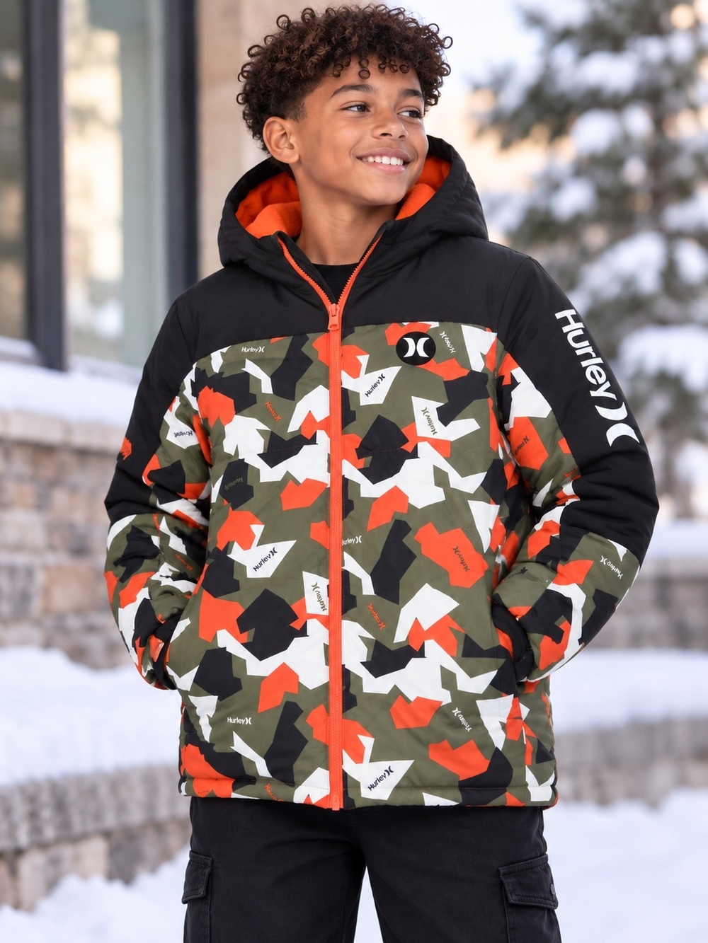 Hurley Boys L 14/16 Camo Puffer Jacket Orange Fleece Lined Hooded Coat